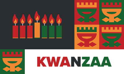 Kwanzaa Happy Celebration. African and African-American culture holiday. Seven days festival, celebrate annual from December 26 to January 1. Black history. Poster, card, banner and background. Vector