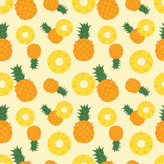 Seamless pattern of whole pineapple with green leaves and yellow pineapple slices. Adorable light yellow background for children's clothing,textiles,product packaging,food and beverage web advertising
