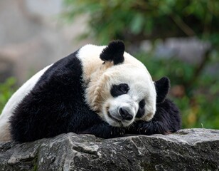 Adorable giant panda bear sleeping on rock