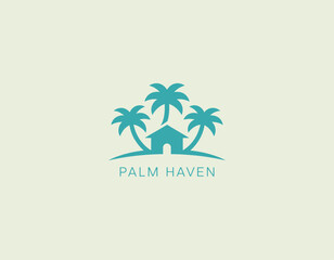 Obraz premium This logo features a serene tropical landscape with palm trees and a cozy house silhouette, evoking a sense of relaxation and vacation vibes perfect for branding.