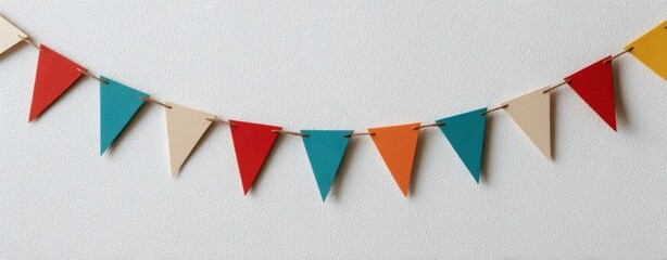 The bunting garland of colorful triangular paper flags hanging on a white wall