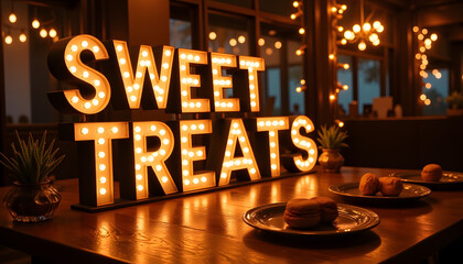 Vintage marquee sign "Sweet Treats" glowing in reception venue  