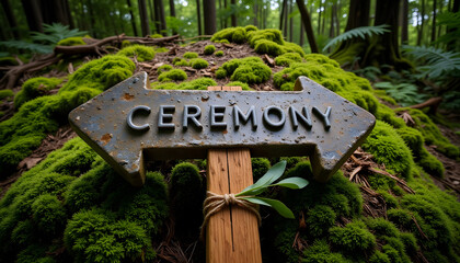 Directional arrow made from stones spelling "CEREMONY" on mossy forest floor  