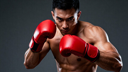 Shirtless muscular Asian boxer with red gloves in an intense fighting stance, gazing with determination against a dark studio background.