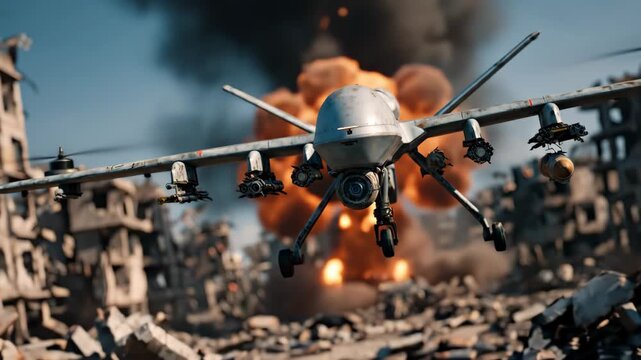 Military drone flying above burning ruins. Concept of modern warfare, conflict, bombing, and destruction footage.