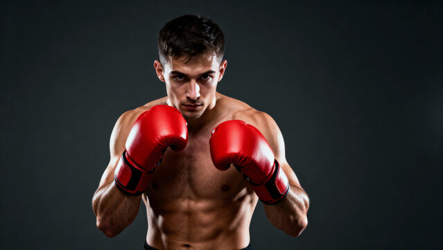 Intense young male boxer in a fighting stance wearing red boxing gloves, looking directly at the camera against a dark studio background, portraying strength and determination.