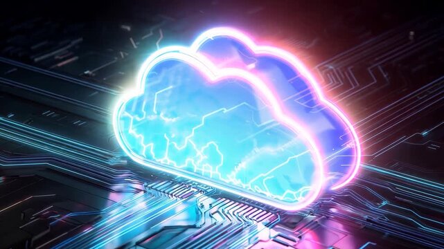 Glowing Cloud Computing Icon on Digital Circuit Board Background