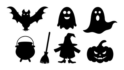 Set of Halloween silhouette collection elements on tranparent background