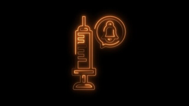 Glowing syringe icon with notification bell on black background animation for healthcare awareness