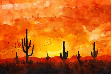 Watercolor illustration showcasing a desert landscape at dusk with silhouetted cacti