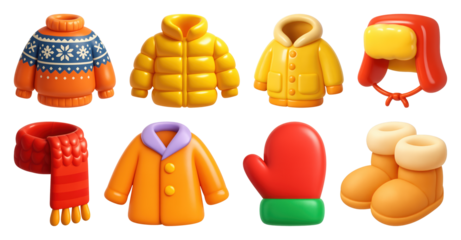 PNG Colorful winter clothing icons, element set on transparent background