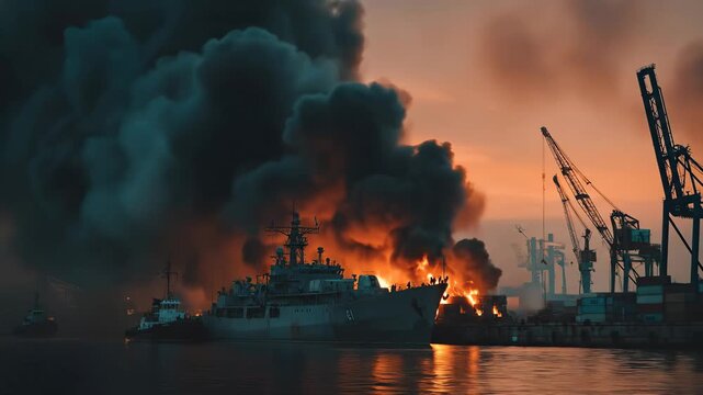 Ship at dock burning with large flames and black smoke filling the sky at a port, disaster and emergency situation footage