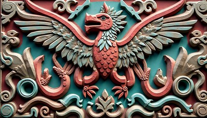 Ornate Griffin Carving with Detailed Feathers and Decorative Swirls on Teal Background