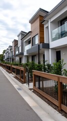 Suburban housing construction with temporary fencing, unfinished greenery, and modern design elements