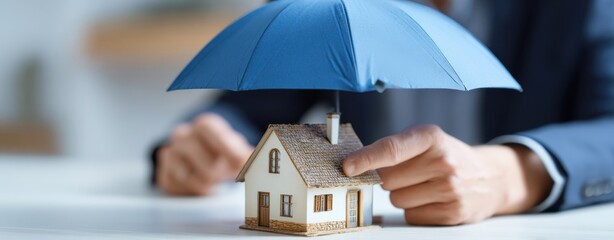 The house model protected under a blue umbrella by a businessman symbolizing insurance