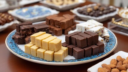 Traditional Turkish sweets, including chocolate and almond candies, beautifully presented for Ramadan. 