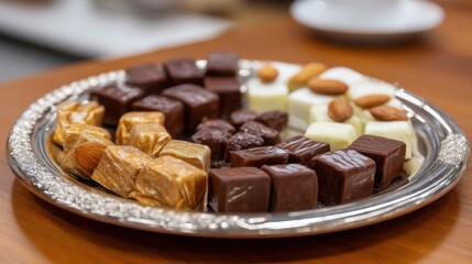 Traditional Turkish sweets, including chocolate and almond candies, beautifully presented for Ramadan. 
