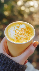 Person holding a turmeric latte in a disposable cup outdoors  