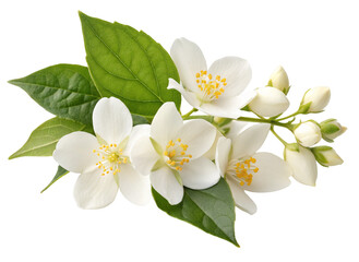 Fragrant white jasmine flowers and green leaves detailed macro photography bloom