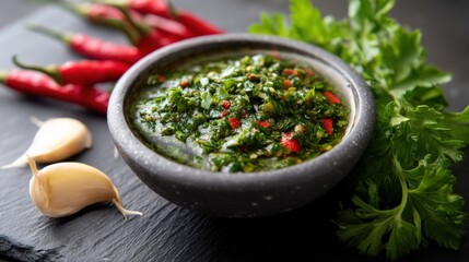 Vibrant chimichurri sauce with herbs and chili, close-up shot on a rustic dark surface. 