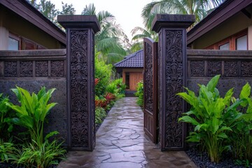 Fototapeta premium Beautifully crafted wooden gates open to a lush tropical garden pathway leading to a serene villa