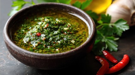 Vibrant chimichurri sauce with herbs and chili, close-up shot on a rustic dark surface. 