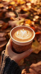 Person holding warm latte in a paper cup with autumn leaves  