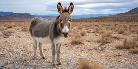 Wild burro in the desert, its coat thickened for winter survival in the arid landscape. 