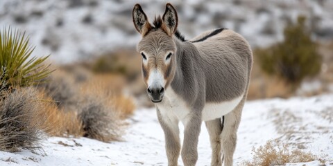 Wild burro in the desert, its coat thickened for winter survival in the arid landscape. 