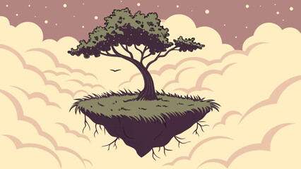 Floating Island and Tranquil Tree: The image presents a dreamlike scene of a single, sturdy tree growing atop a floating island, serenely drifting amidst a sea of clouds and a subtly starlit sky. 