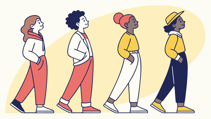 Collective Journey of Optimism: A vibrant illustration showcases a diverse group of young people walking confidently towards a shared horizon. capturing their optimistic outlook and unity.