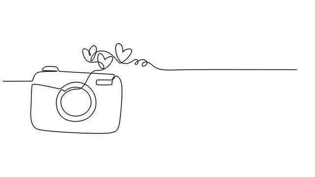 Camera icon in continuous animation line style. Line art of photo camera icon. Photo line icon minimalistic, Video. One continuous editable line drawing of a professional camera, Full length single.