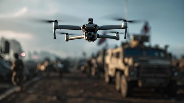 Modern drone flying over battleground with military vehicles and soldier. Reconnaissance and surveillance technology in war zone footage.