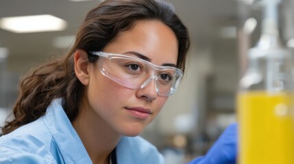 Young Hispanic scientist in safety goggles working near a bioreactor in a clean laboratory setting. 