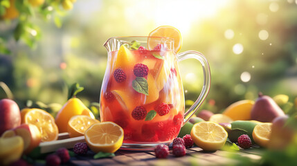 Fruit punch pitcher with fresh fruits on picnic table outdoors  