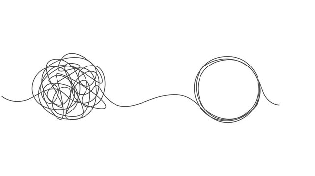 Self drawing animation of continuous one line drawing Chaotically tangled line and untied knot in form of circle. Full length single line animation, minimalist pro vector untied knot in form of circle