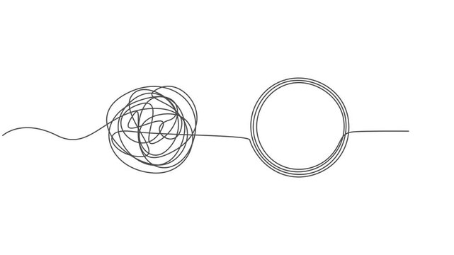 Self drawing animation of continuous one line drawing Chaotically tangled line and untied knot in form of circle. Full length single line animation, minimalist pro vector untied knot in form of circle