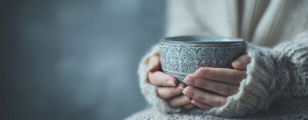 The ornate ceramic cup cradled by cozy hands in a chunky wool sweater