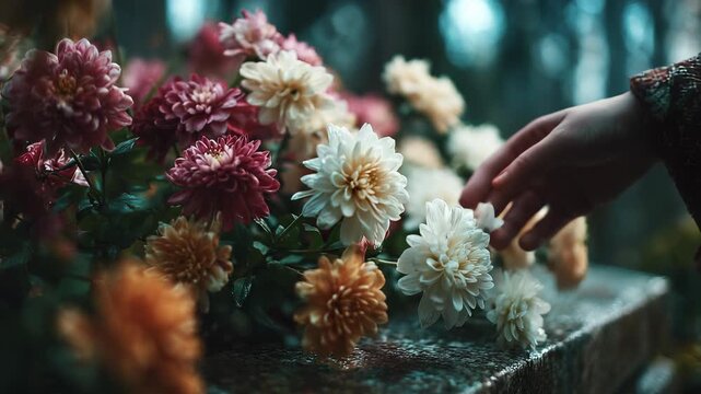 Hand Gently Touching Colorful Chrysanthemum Flowers on a Stone Surface, Close-up, Moody Lighting, Floral Arrangement, Autumnal Colors.