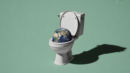 A conceptual image of the earth globe being flushed down a toilet, symbolizing environmental issues and the urgent need for conservation