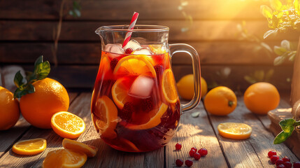 Refreshing pitcher of sangria with oranges on rustic wooden table  