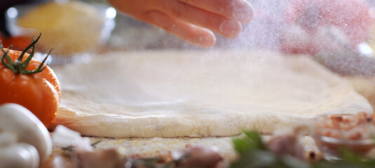 Hand sprinkling white flour over freshly rolled pizza dough on a rustic wooden board, surrounded by ripe tomatoes, mushrooms, garlic and herbs for homemade italian cooking