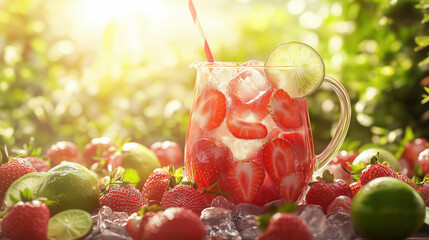Refreshing strawberry margarita in pitcher with ice and lime slices  
