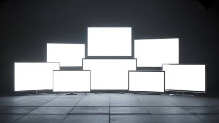 Illuminated screens arranged in a pyramid formation against a dark background, creating a captivating display of technology and modern design