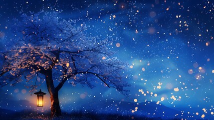 Luminous nocturnal scene: cherry tree, lantern and glowing particles in the indigo night