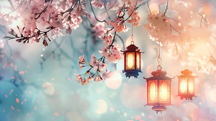 Enchanting oriental scene with blooming cherry blossoms and illuminated lanterns