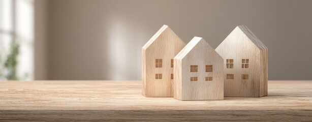 The Wooden House Models on a Rustic Table with Soft Natural Light