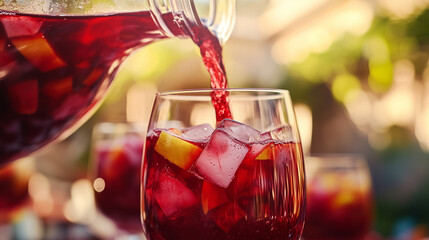 Refreshing sangria being poured into a glass with ice and fruit  