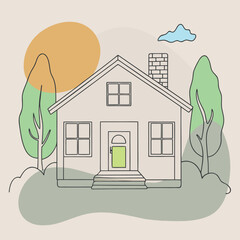 Stylized House Illustration Serene Home with Verdant Trees and a Gentle Blue Sky Above Artwork