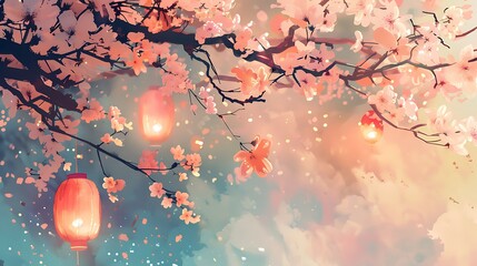 Enchanting spring blossom scene illuminated by glowing lanterns in peaceful ambiance
